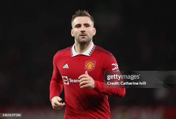 Luke Shaw of Manchester United during the Carabao Cup Semi Final 2nd Leg match between Manchester United and Nottingham Forest at Old Trafford on...