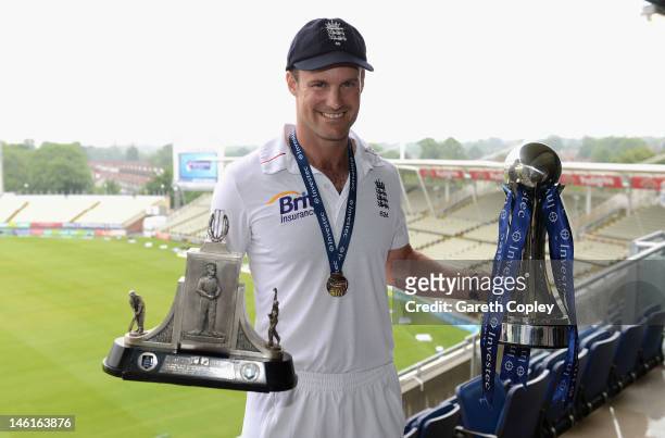 England captain Andrew Strauss with the Wisden trophy and Investec series trophy after day five of the third 3rd Investec Test match between England...