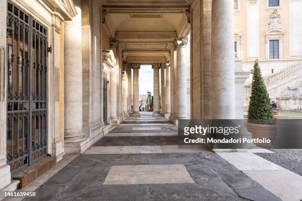 Portico of the Palazzo Nuovo, located in front of the Palazzo dei Conservatori, exhibition sites of the Capitoline Museums. Campidoglio square. Rome...
