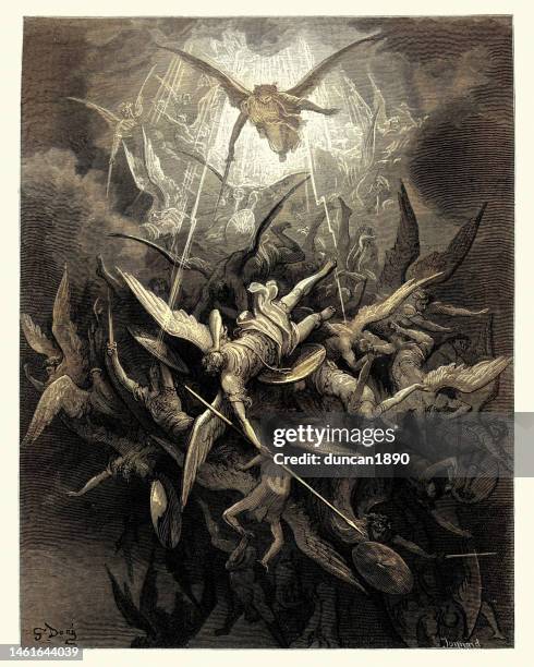 armeen von engeln, die während des krieges gegen den himmel kämpfen, miltons verlorenes paradies, gustave dore - fallen lord stock-grafiken, -clipart, -cartoons und -symbole