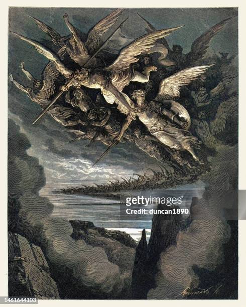 army of angels, demons, war on heaven, milton's paradise lost, gustave dore - lost angels stock illustrations
