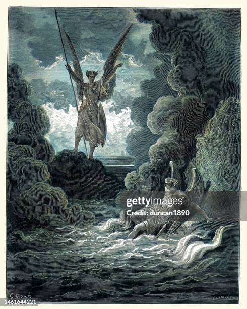 sofort aufrecht bäumt er sich aus dem pool auf, seine mächtige statur, miltons verlorenes paradies, gustave dore - afterlife stock-grafiken, -clipart, -cartoons und -symbole