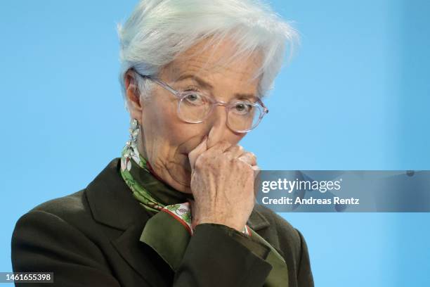 Christine Lagarde, President of the European Central Bank , speaks to the media following a meeting of the ECB Governing Council on February 2, 2023...