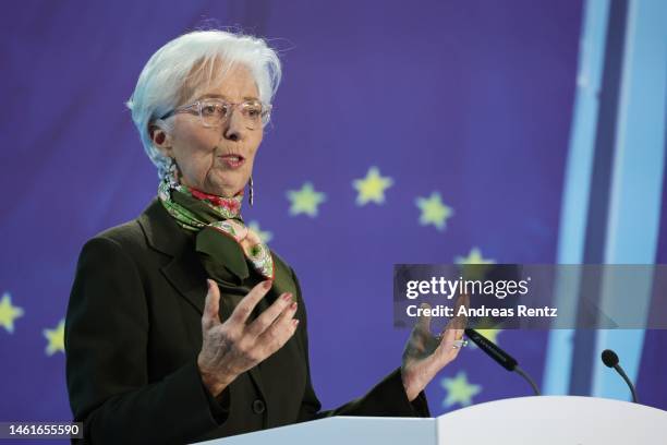 Christine Lagarde, President of the European Central Bank , speaks to the media following a meeting of the ECB Governing Council on February 2, 2023...