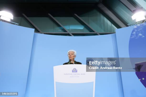 Christine Lagarde, President of the European Central Bank , speaks to the media following a meeting of the ECB Governing Council on February 2, 2023...