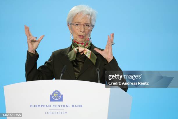 Christine Lagarde, President of the European Central Bank , speaks to the media following a meeting of the ECB Governing Council on February 2, 2023...