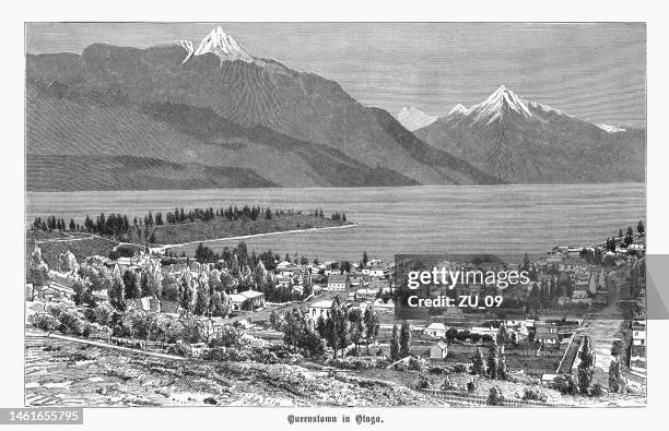 queenstown, otago, new zealand's south island, wood engraving, published 1899 - lake wakatipu stock illustrations