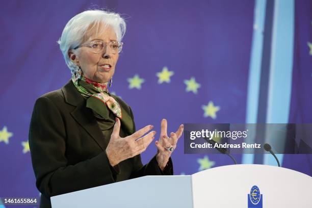 Christine Lagarde, President of the European Central Bank , speaks to the media following a meeting of the ECB Governing Council on February 2, 2023...