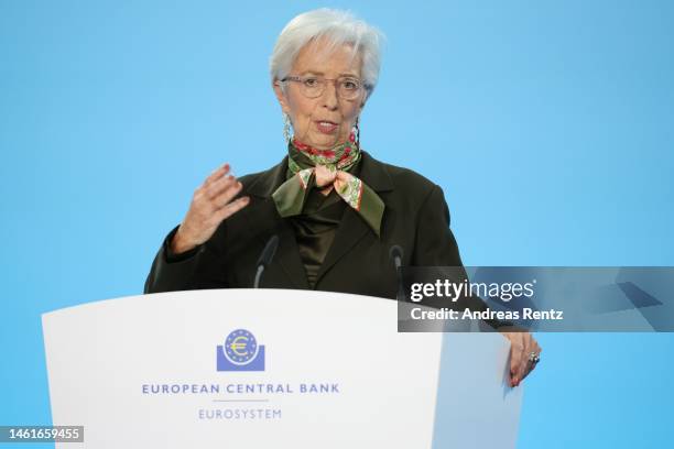 Christine Lagarde, President of the European Central Bank , speaks to the media following a meeting of the ECB Governing Council on February 2, 2023...