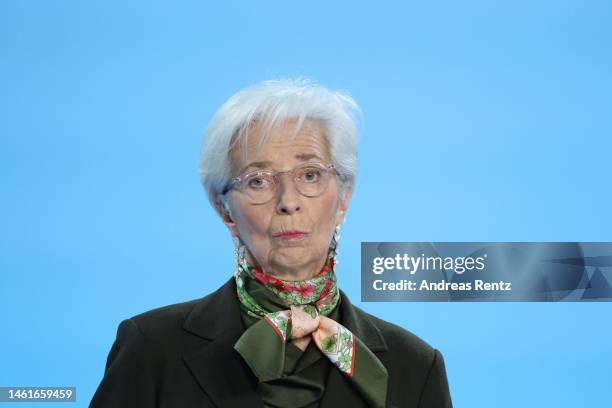 Christine Lagarde, President of the European Central Bank , speaks to the media following a meeting of the ECB Governing Council on February 2, 2023...