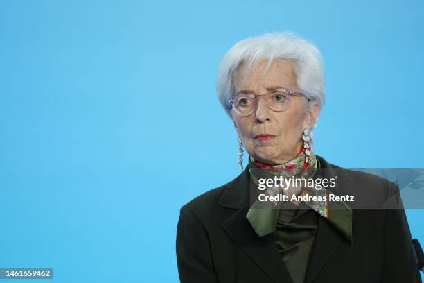 Christine Lagarde, President of the European Central Bank , speaks to the media following a meeting of the ECB Governing Council on February 2, 2023...