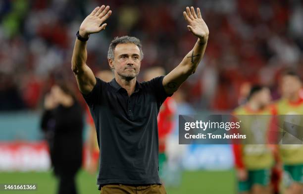 Luis Enrique the Spanish head coach waves goodbye to the Spanish fans after the penalty shoot-out defeat during the FIFA World Cup 2022 round of 16...