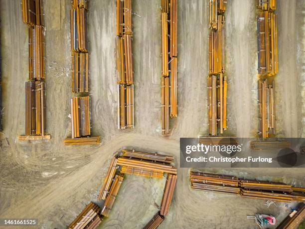 An aerial view of steel stock near the British Steel works on February 02, 2023 in Scunthorpe, England. British Steel, a Chinese-owned firm that is...