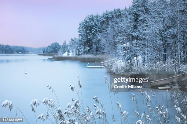 winter beach with rowboat and dock. the turku archipelago. daytime. naantali, western finland, europe - turku bildbanksfoton och bilder