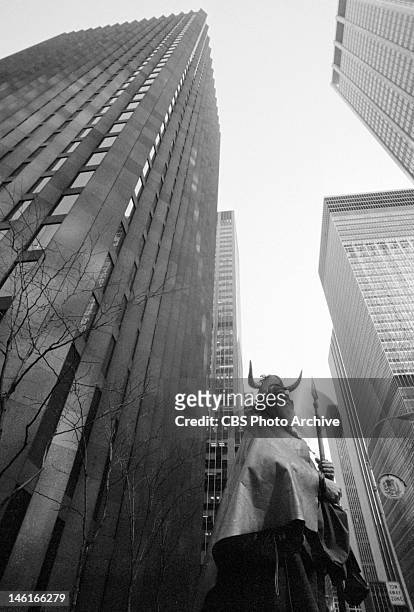 Standing outside CBS headquarters at the southeast corner of West 53rd Street and 6th Avenue, New York, NY on April 21, 1972.