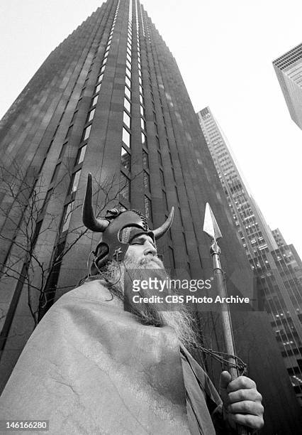 Standing outside CBS headquarters at the southeast corner of West 53rd Street and 6th Avenue, New York, NY on April 21, 1972.