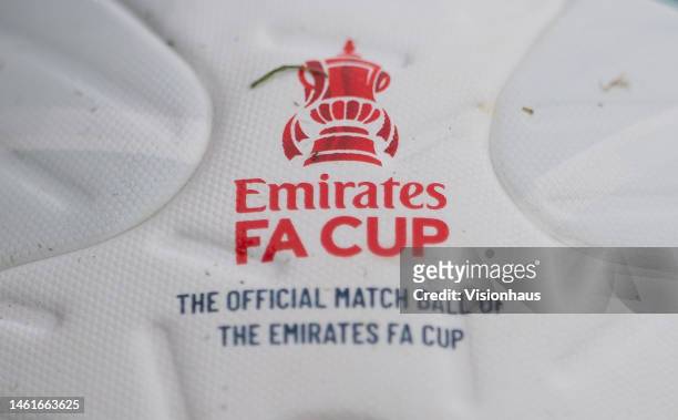 The Emirates FA Cup Logo is seen on a football prior to the Vitality Women's FA Cup Fourth Round match between Chelsea and Liverpool at Kingsmeadow...