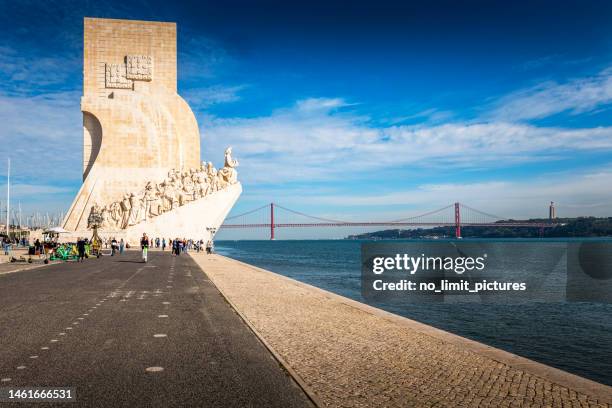 view of padrao dos descobrimentos (monument to the discoveries) in lisbon - traditionally portuguese stock pictures, royalty-free photos & images