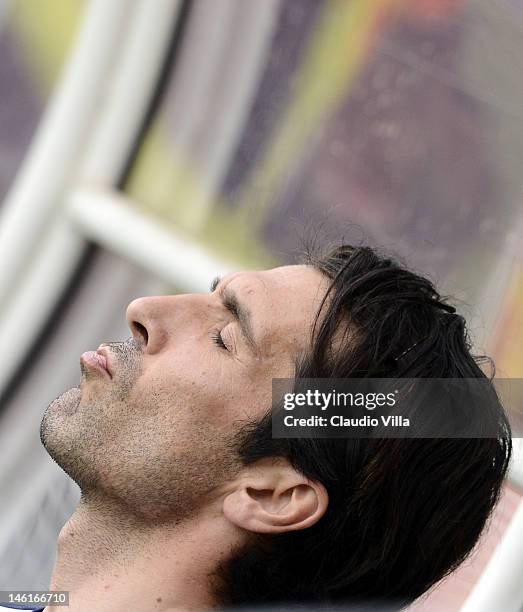 Gianluigi Buffon of Italy closes his eyes during a training session on June 11, 2012 in Krakow, Poland.