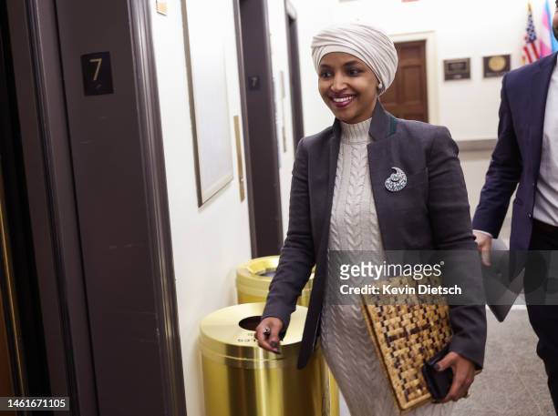 Rep. Ilhan Omar leaves her office at the Longworth House Office Building on February 02, 2023 in Washington, DC. House Speaker Kevin McCarthy has...