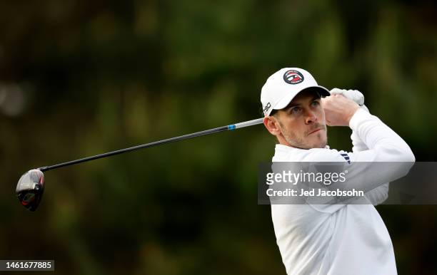 Gareth Bale tees off during the first round of the AT&T Pebble Beach Pro-Am at Spyglass Hill Golf Course on February 02, 2023 in Pebble Beach,...