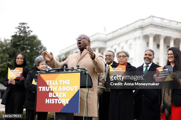 Rep. Jamaal Bowman speaks at a news conference outside the U.S. Capitol Building on February 02, 2023 in Washington, DC. Members of the Congressional...