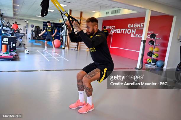 Neymar Jr works out during a Paris Saint-Germain training session on February 02, 2023 in Paris, France.