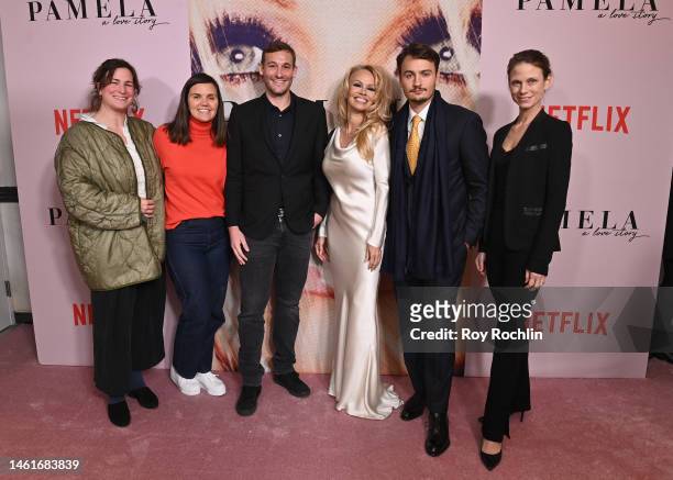 Zana Lawrence, Julia Nottingham, Ryan White, Pamela Anderson, Brandon Thomas Lee, and Jessica Hargrave attend the "Pamela, a love story" NY Special...