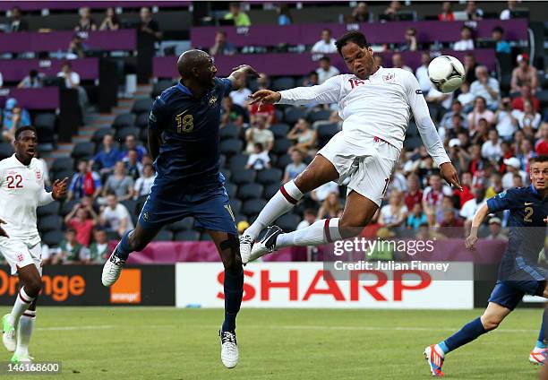 Joleon Lescott of England scores the first goal during the UEFA EURO 2012 group D match between France and England at Donbass Arena on June 11, 2012...