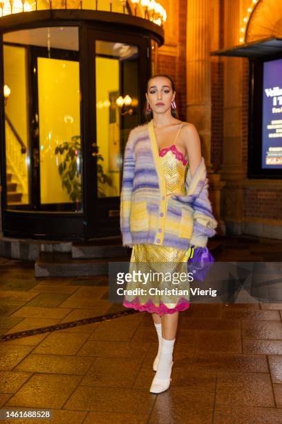 Ginevra Mavilla wears golden dress, cardigan, purple bag outside Saks Potts during the Copenhagen Fashion Week Autumn/Winter 2023 on February 01,...