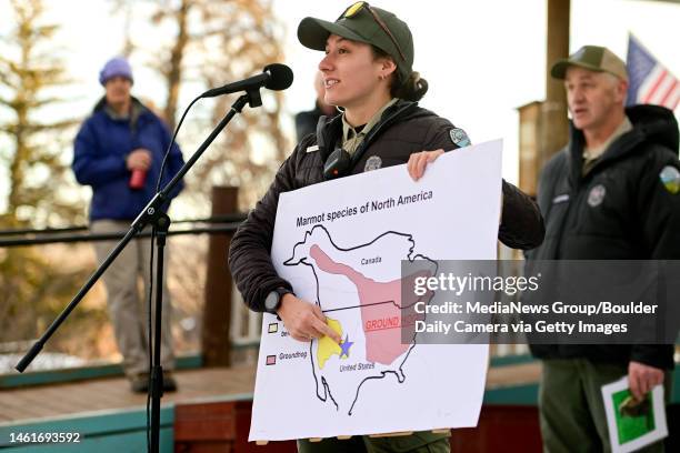 Boulder Open Space and Mountain Parks Ranger Lindway Young points out where groundhogs can be found in the United States compared to where Colorado...