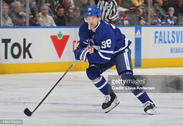 Rasmus Sandin of the Toronto Maple Leafs skates against the Boston Bruins during an NHL game at Scotiabank Arena on February 1, 2023 in Toronto,...