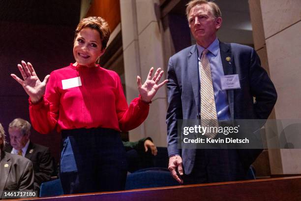 Former Arizona Republican gubernatorial candidate Karie Lake and U.S. Rep. Paul Gosar stand together at the National Prayer Breakfast at the U.S....