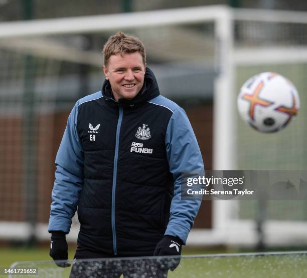 Newcastle United Head Coach Eddie Howe in a game of head tennis during the Newcastle United Training Session at the Newcastle United Training Centre...