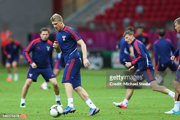 Pavel Pogrebnyak of Russia during a UEFA EURO 2012 training session at the National Stadium on June 11, 2012 in Warsaw, Poland.