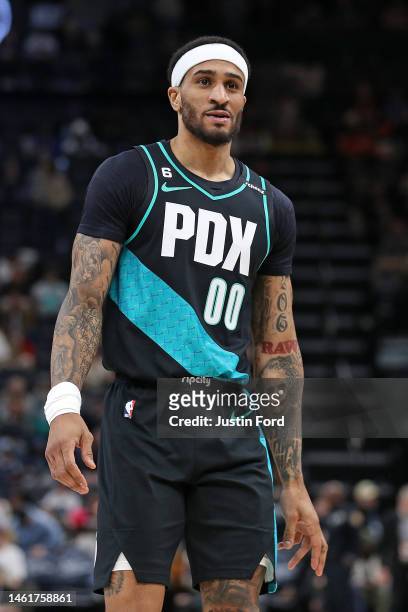 Gary Payton II of the Portland Trail Blazers during the game against the Memphis Grizzlies at FedExForum on February 01, 2023 in Memphis, Tennessee....