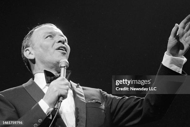 Musician Frank Sinatra sings at a rally for the American-Italian Anti-Defamation League at Madison Square Garden in New York City on October 19, 1967.