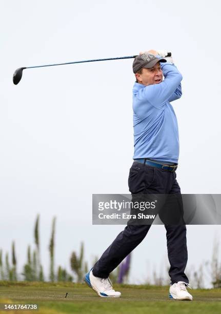 Joe Lacob plays his shot from the 16th tee during the first round of the AT&T Pebble Beach Pro-Am at Monterey Peninsula Country Club on February 02,...