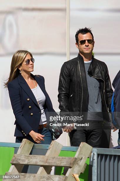 Actress Jennifer Aniston and boyfriend Justin Theroux are seen on 'Rue Saint Honore' on June 11, 2012 in Paris, France.