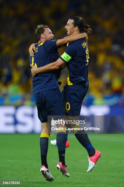 Zlatan Ibrahimovic of Sweden celebrates scoring their first goal with Andreas Granqvist of Sweden during the UEFA EURO 2012 group D match between...