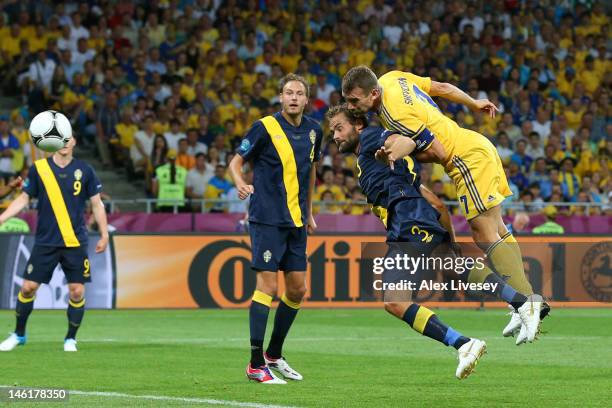 Andriy Shevchenko of Ukraine scores their first goal during the UEFA EURO 2012 group D match between Ukraine and Sweden at The Olympic Stadium on...