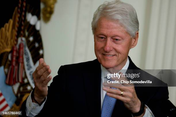 Former U.S. President Bill Clinton delivers remarks during an event marking the 30th anniversary of the Family and Medical Leave Act in the East Room...