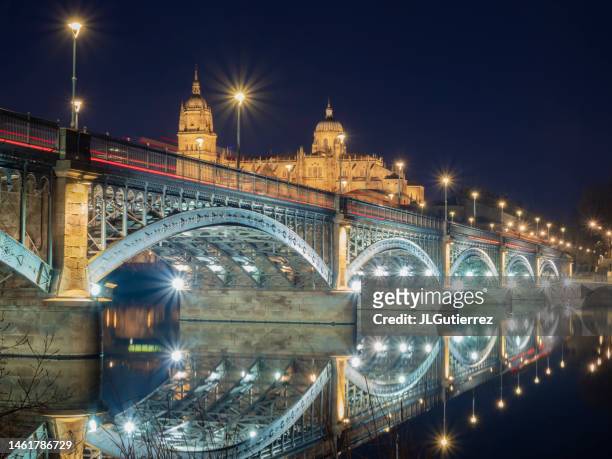 night view of the cathedral of salamanca from the tormes river, spain - salamanca stock pictures, royalty-free photos & images
