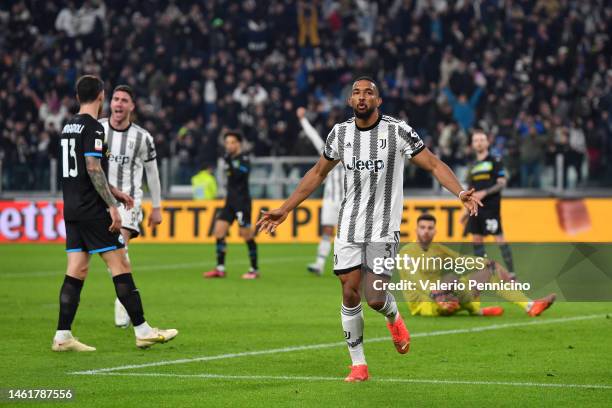 Bremer of Juventus celebrates after scoring the team's first goal during the Coppa Italia Quarter Final match between Juventus FC and SS Lazio at...