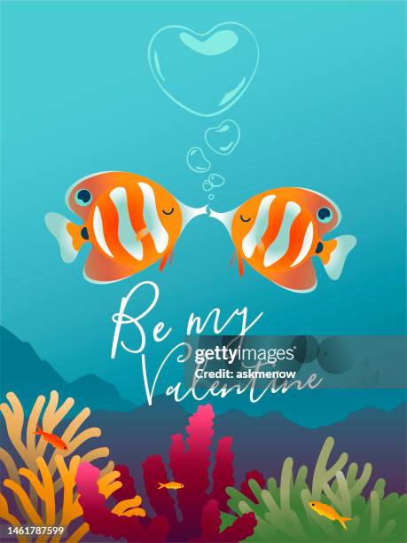 two coral fish in love - animals kissing stock illustrations