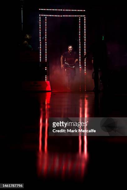 Tim Coenraad of the Hawks runs onto court during the round 18 NBL match between Illawarra Hawks and New Zealand Breakers at WIN Entertainment Centre,...