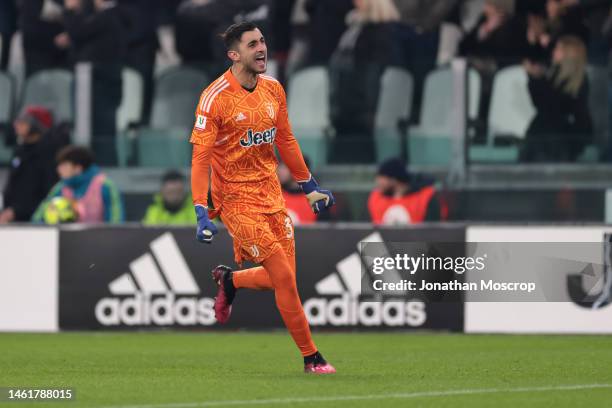 Mattia Perin of Juventus celebrates after team mate Gleison Bremer scored to give the side a 1-0 lead during the Coppa Italia Quarter Final match...