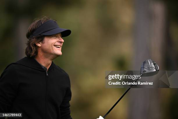 Jason Bateman reacts on the eighth hole during the first round of the AT&T Pebble Beach Pro-Am at Spyglass Hill Golf Course on February 02, 2023 in...