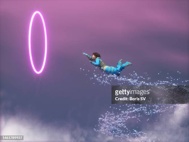 woman floating into portal - zeitreise stock-fotos und bilder