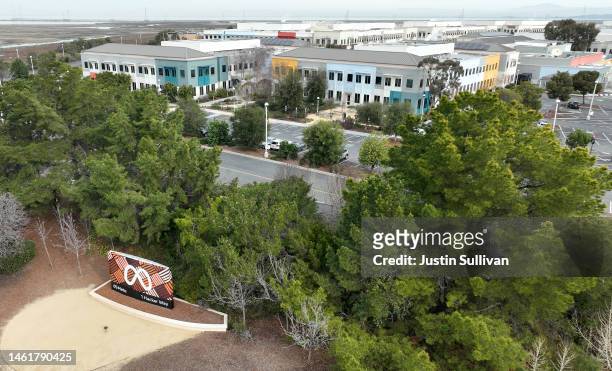 In an aerial view, a sign is posted in front of Meta headquarters on February 02, 2023 in Menlo Park, California. Facebook's parent company Meta...
